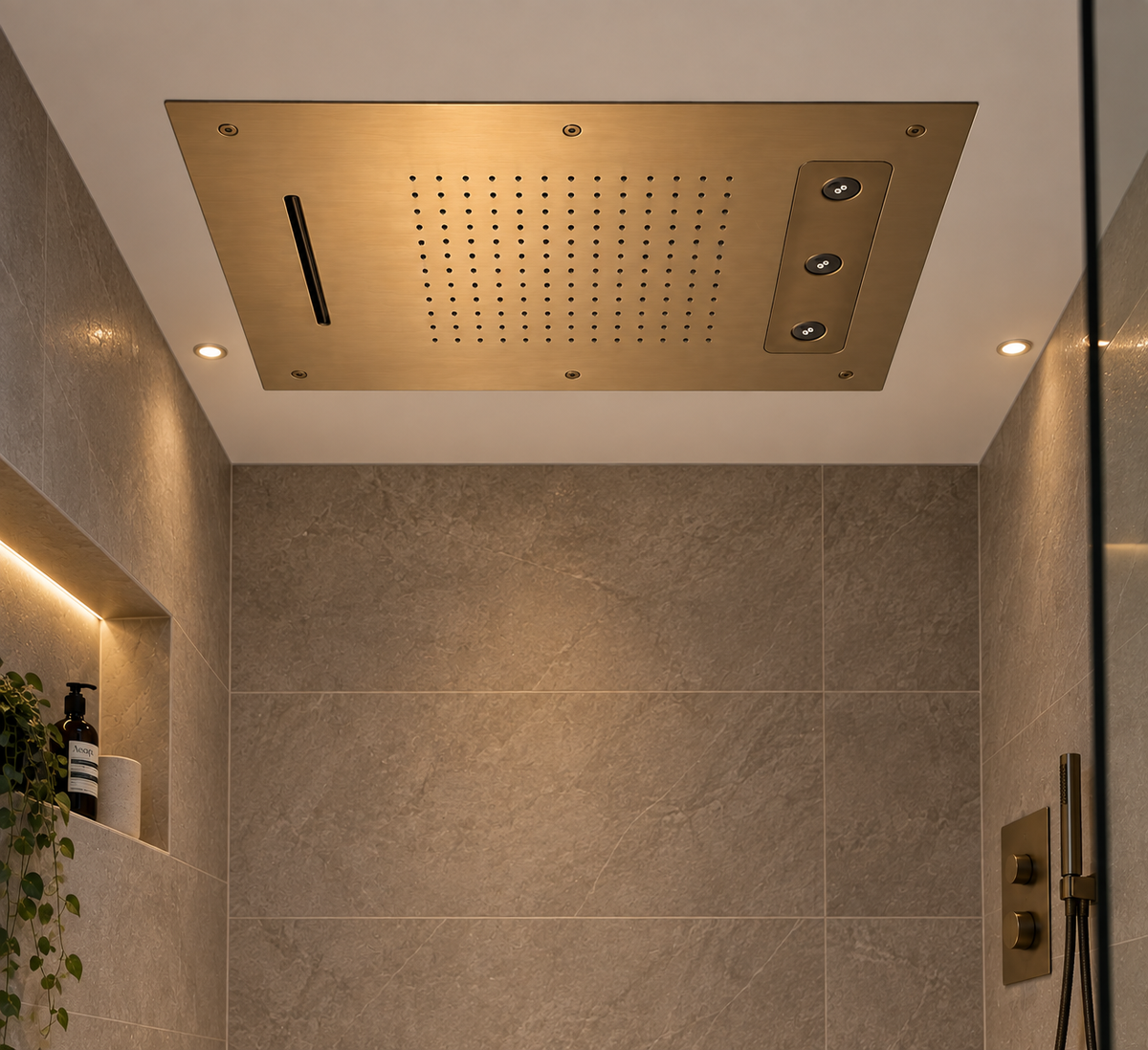 Hotbath Mate Temptation Spin plafond regendouche rechthoekig 630x480 drievoudige straal geborsteld koper PVD