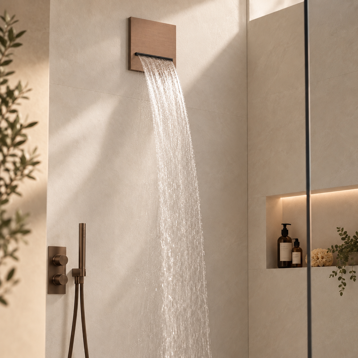 Gessi cascade wandbevestigde waterval, uitloop, geborsteld koper