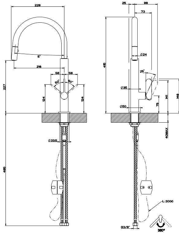 Gessi Helium keukenkraan met flexibele vaatdouche 1-hendel chroom/zwart