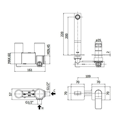 Paffoni Tilt wand inbouw 2 gats wastafelkraan 200 mm incl. inbouwdeel, chroom 