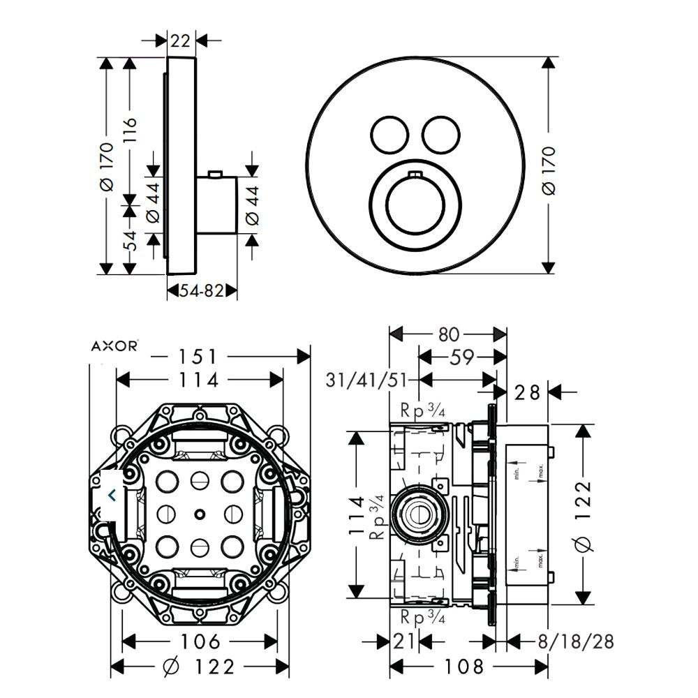 Hansgrohe Axor ShowerSelect afdekset + inbouwdeel thermostaat met stopkraan voor 2 functies, rood goud geborsteld