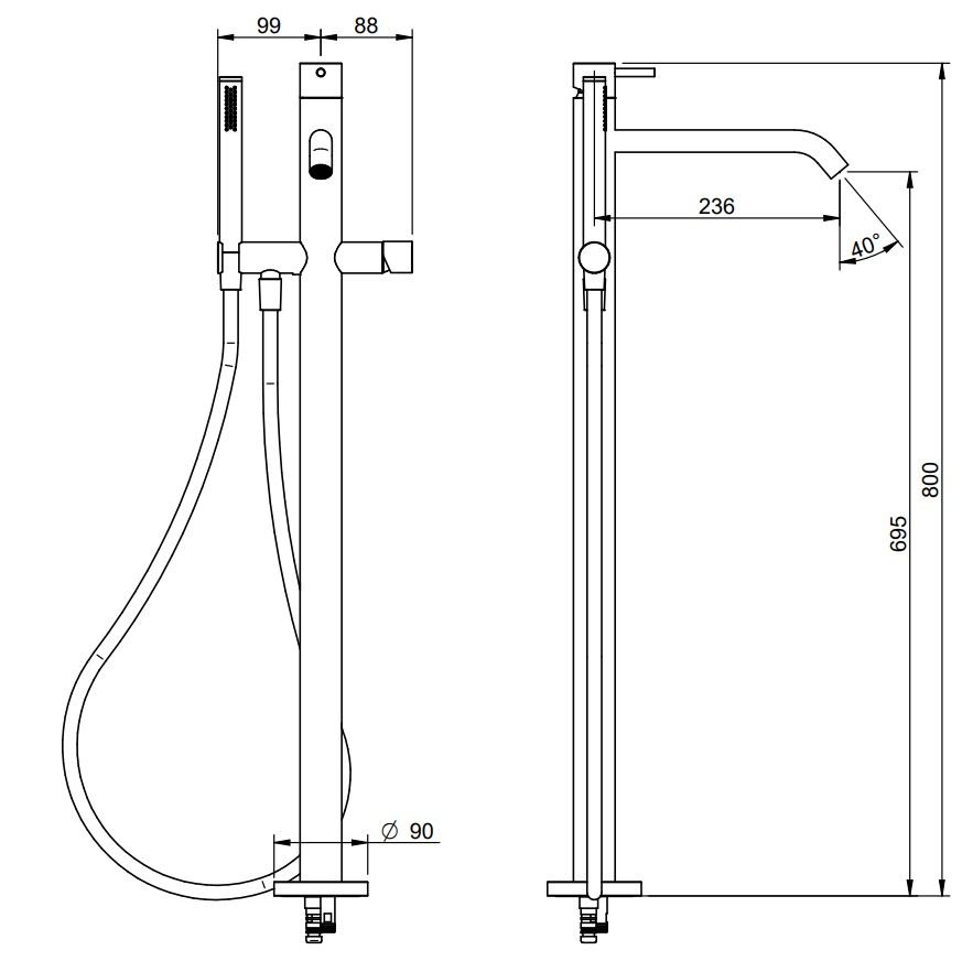 Treemme 40 mm badmengkraan vrijstaand met badgarnituur RVS