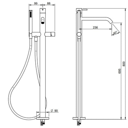 Treemme 40 mm badmengkraan vrijstaand met badgarnituur RVS