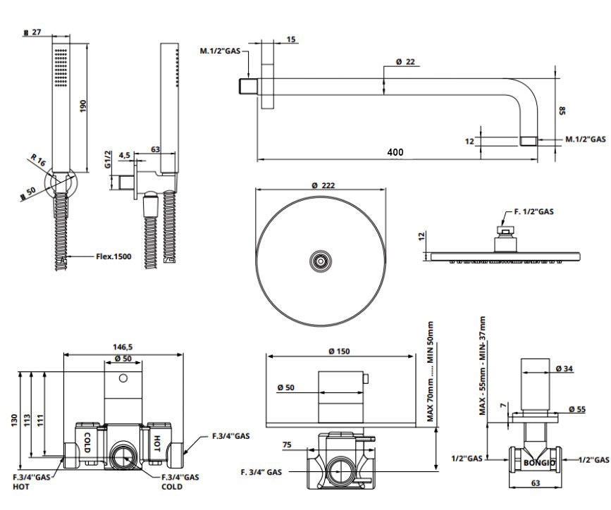 Bongio Squadra set inbouw thermostaatkraan incl. twee inbouw stopkranen hoofddouche 22,2cm, douchearm 35cm en handdoucheset, mat zwart