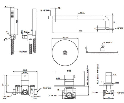 Bongio Squadra set inbouw thermostaatkraan incl. twee inbouw stopkranen hoofddouche 22,2cm, douchearm 35cm en handdoucheset, mat zwart
