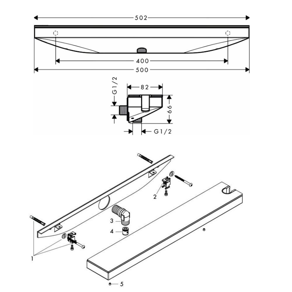 Hansgrohe Rainfinity muuraansluiting Porter 500 met douchehouder en planchet, wit / grafiet