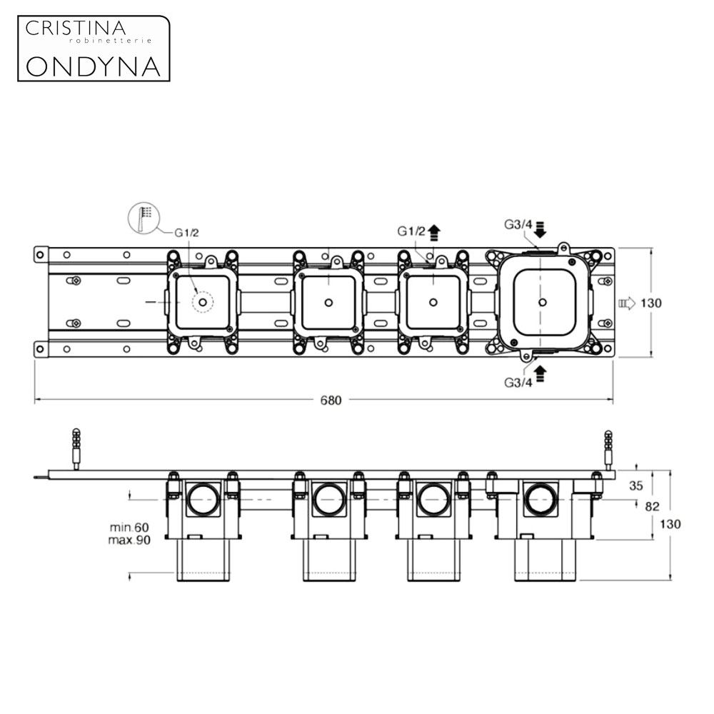 Cristina Ondyna horizontaal montage inbouwthermostaat met 2 onafhankelijke stopkranen