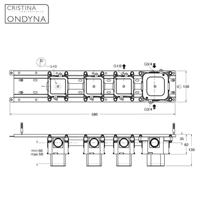 Cristina Ondyna horizontaal montage inbouwthermostaat met 2 onafhankelijke stopkranen