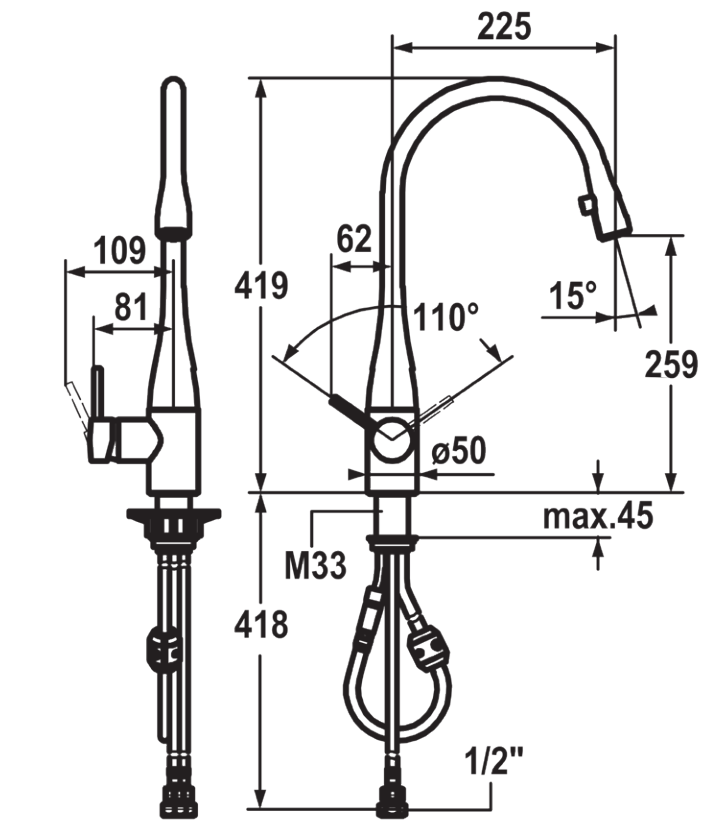 KWC EVE 1-greeps keukenmengkraan voorsprong 225 mm en extra hoog, staal