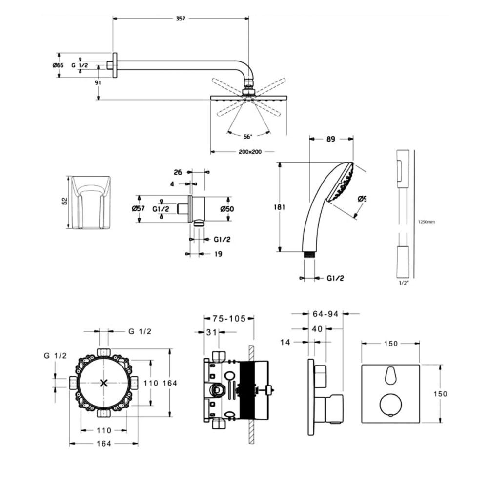 Hansa Square inbouw doucheset met thermostaat vierkant hoofdouche 200 mm, chroom