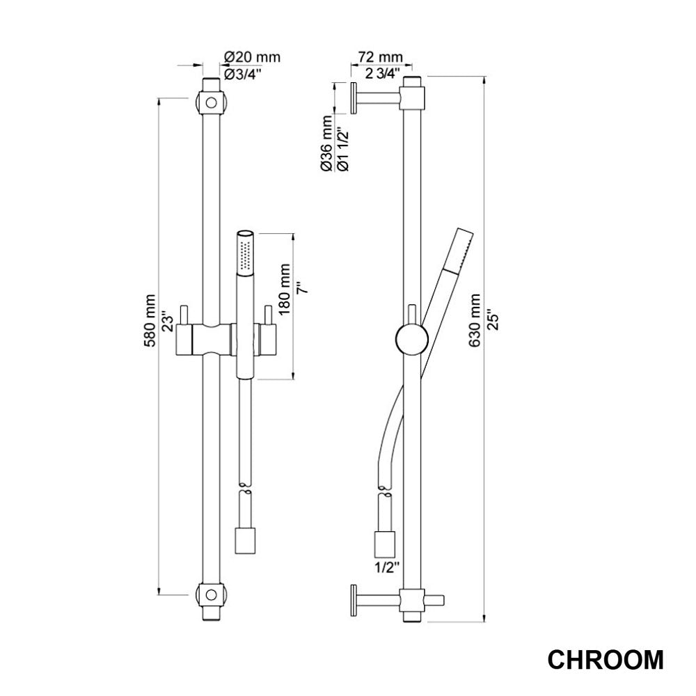 Vola T34-16 glijstangset met handdouche T2 en metalen doucheslang 1500 mm, totale lengte 630 mm, chroom