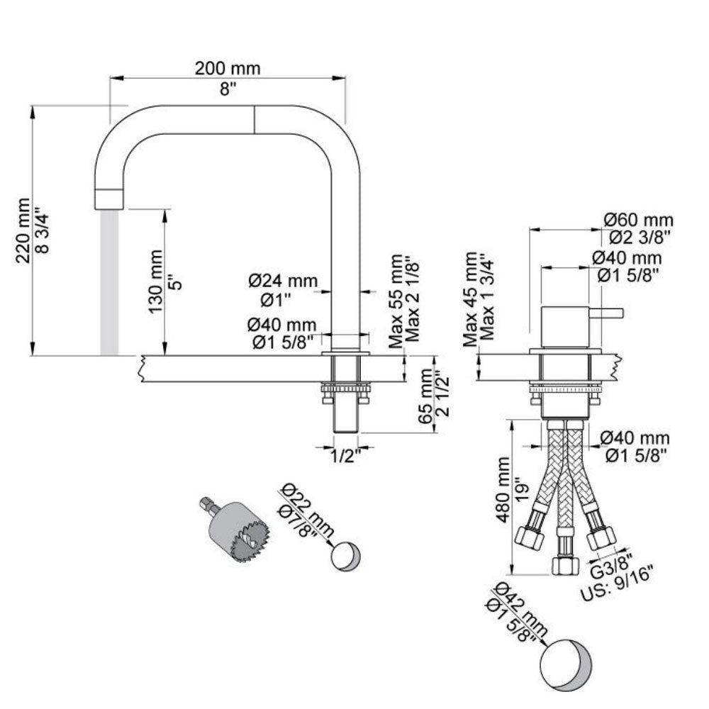 Vola Monoknop mengkraan 2500 met dubbel draaibare uitloop 090D, sprong 200 mm geborsteld koper