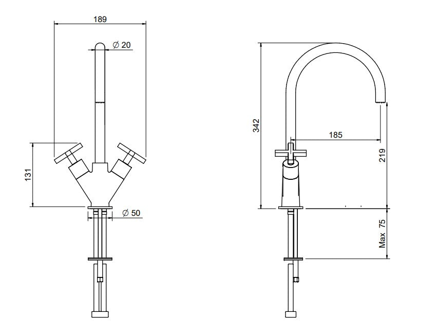 2 X Treemme Basetta Line met kruisgrepen hoge design wastafelkranen geborsteld nikkel