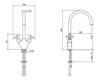 2 X Treemme Basetta Line met kruisgrepen hoge design wastafelkranen geborsteld nikkel