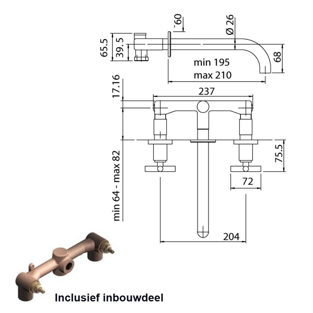 Zazzeri DA-DA 2 driegats inbouw wandmengkraan uitloop 210 mm, mat zwart
