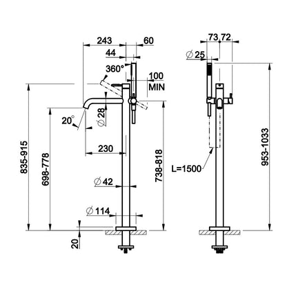 Gessi 316 vrijstaande badmengkraan met handdouche, afbouwdeel + basisgarnituur in geborsteld warm brons PVD