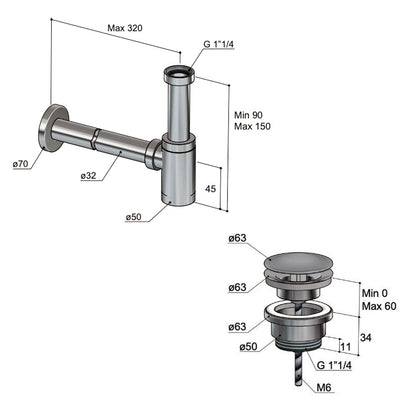 Hotbath P034 fontein sifon rond + P708 niet-afsluitbare plug, Geborsteld gunmetal PVD