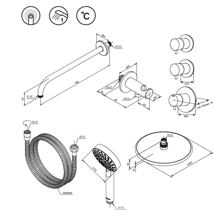 Damixa Silhouet inbouw douchethermostaatset met 2 stopkranen, complete set, chroom uitvoering