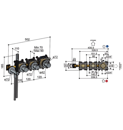 Hotbath Cobber afbouwdeel voor inbouwthermostaat met 2 stopkranen geborsteld messing PVD CB7071EXT