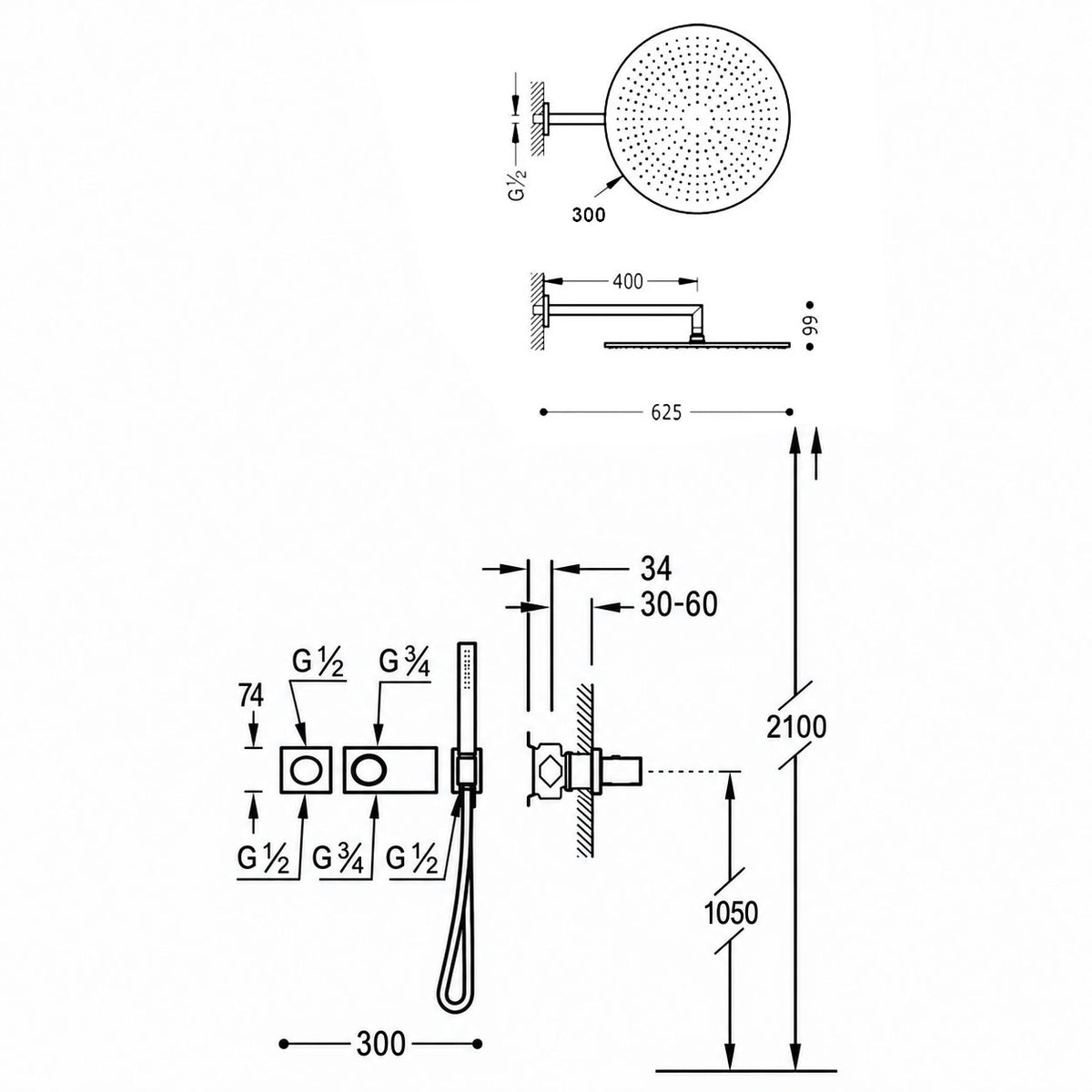 Tres B-System inbouwdoucheset met thermostaat en 30 cm hoofddouche – chroom