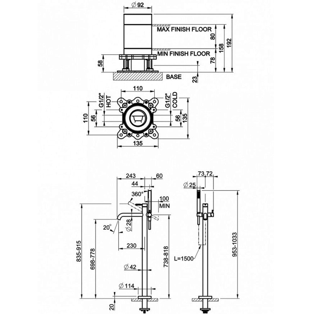 Gessi 316 vrijstaande badmengkraan met handdouche, afbouwdeel + basisgarnituur in geborsteld warm brons PVD