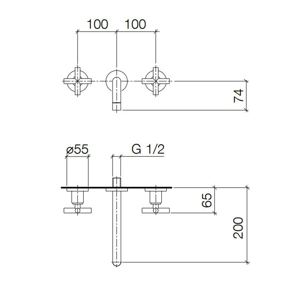 Dornbracht Tara tweegreeps 3-gats wandmengkraan sprong 200 mm platina mat