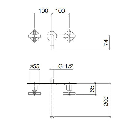 Dornbracht Tara tweegreeps 3-gats wandmengkraan sprong 200 mm platina mat