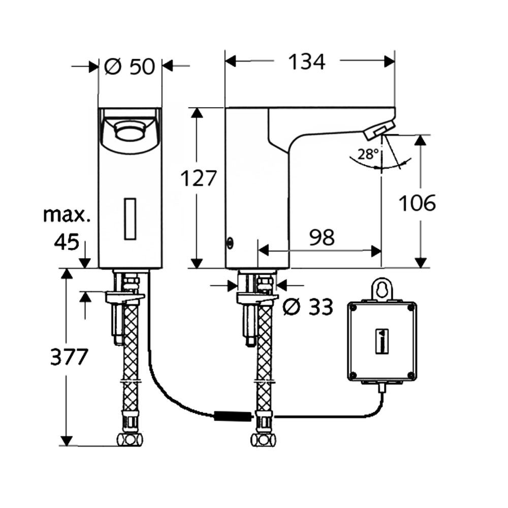 Schell Celus E elektronische wastafelkraan batterijvoeding 6 V voorgemengd of koud water, chroom