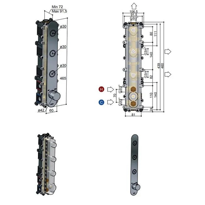 Hotbath Cobber complete inbouw Regendouche set met 3 Pushbuttons, 30 cm hoofddouche met wandbevestiging, Geborsteld nikkel