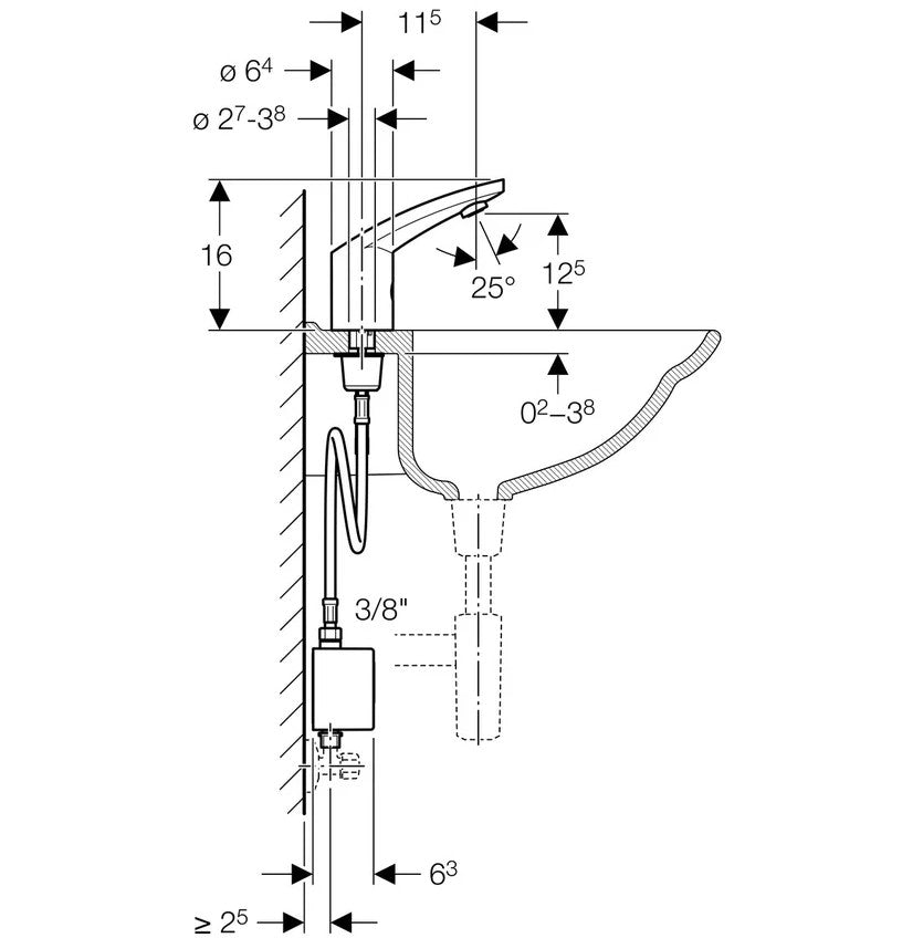 Geberit 185 infrarood elektronische wastafelkraan zonder menging, met generatorvoeding, chroom