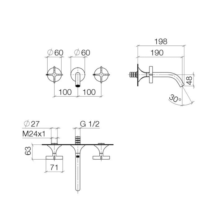 Dornbracht Vaia tweegreeps 3-gats wandmengkraan sprong 190 mm, Platina Mat