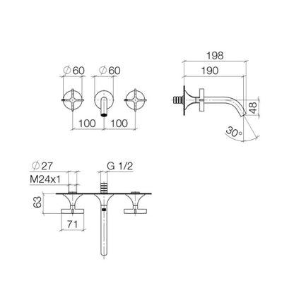 Dornbracht Vaia tweegreeps 3-gats wandmengkraan sprong 190 mm, Platina Mat