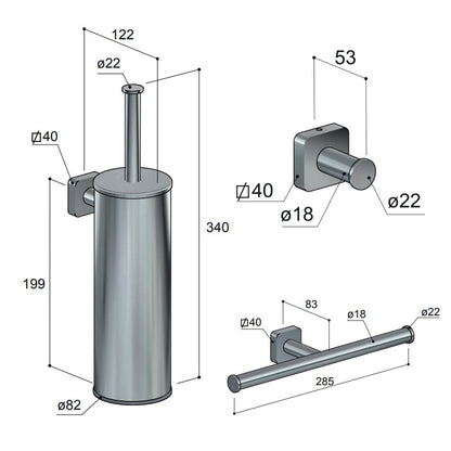Hotbath Gal toilet accessoires dubbel toiletrolhouder, haak, wc-borstelgarnituur wandmodel, Gunmetal PVD
