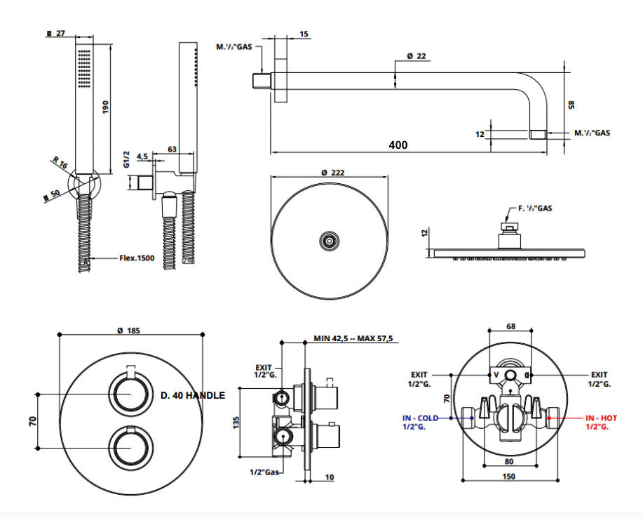 Bongio Squadra regendoucheset met thermostaatkraan 2-weg, mat zwart