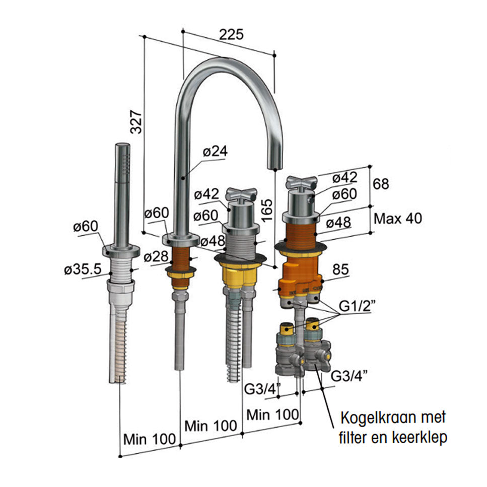 Hotbath Chap thermostatische 4-gats badrandkraan met uitloop en 2-weg omstel, chroom (CO63CR)