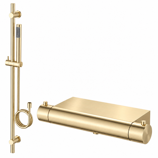 Regn thermostatische douchekraan met planchet en glijstang set geborsteld goud PVD