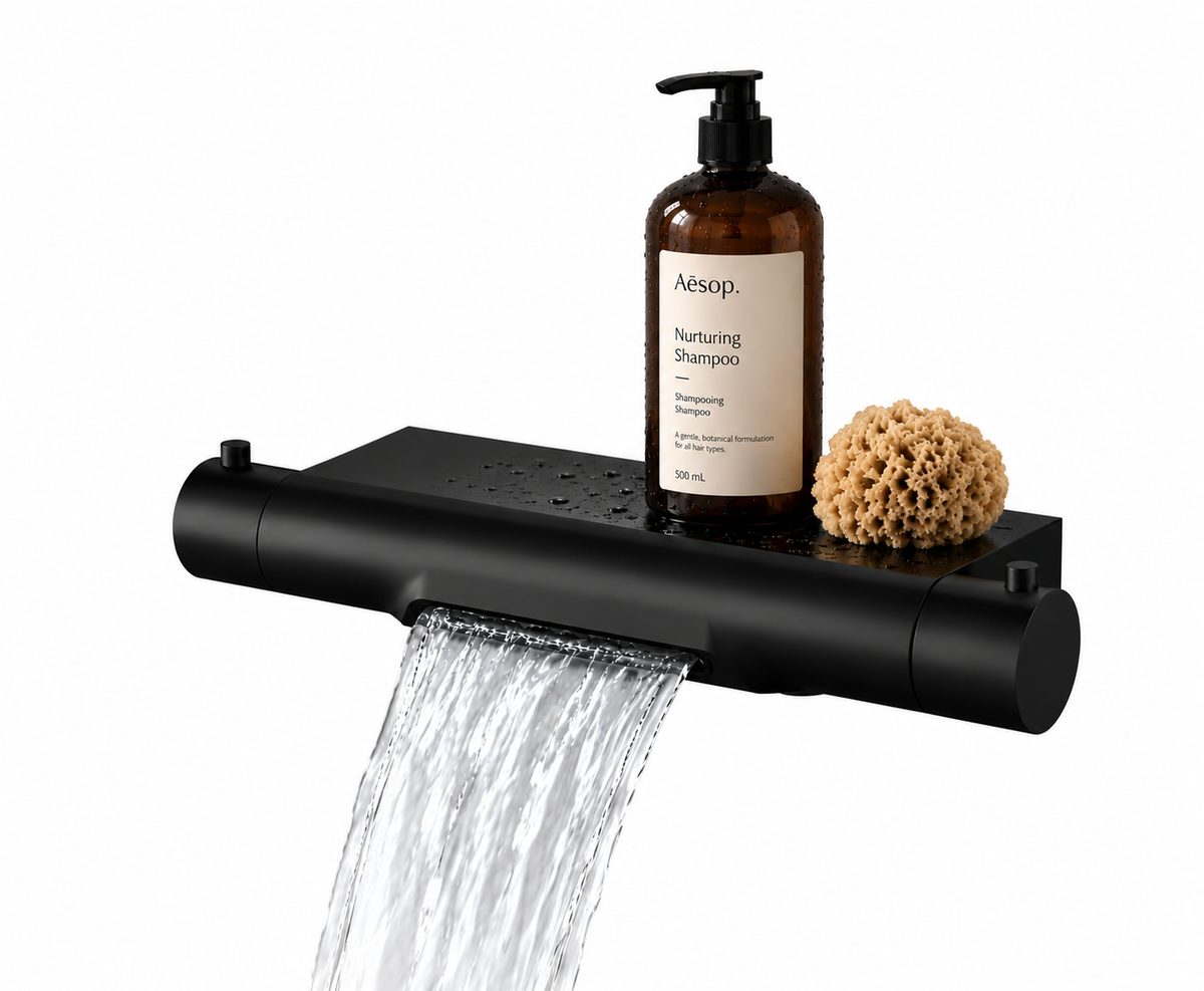 Regn thermostatisch badkraan met waterval en planchet mat zwart