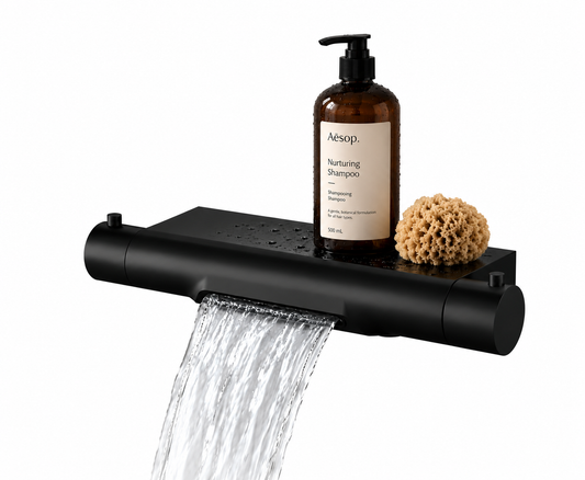 Regn thermostatisch badkraan met waterval en planchet mat zwart