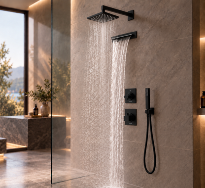 Bongio Project Line Wellness inbouw thermostaat doucheset 3-weg hoofddouche met waterval/cascade, mat zwart