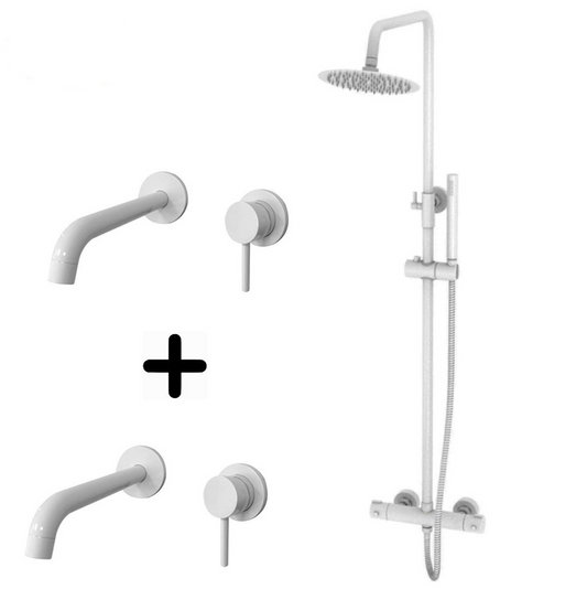 Best Design Entry Bianco thermostatische regendouche opbouwset + 2 x inbouw wastafelkranen, glans wit