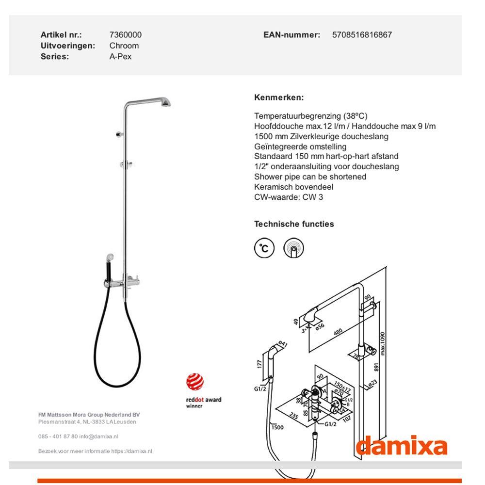 Damixa APex thermostatische design douchemengkraan met hoofddouche en handdoucheset chroom