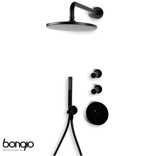 Bongio Squadra set inbouw thermostaatkraan incl. twee inbouw stopkranen hoofddouche 22,2cm, douchearm 35cm en handdoucheset, mat zwart