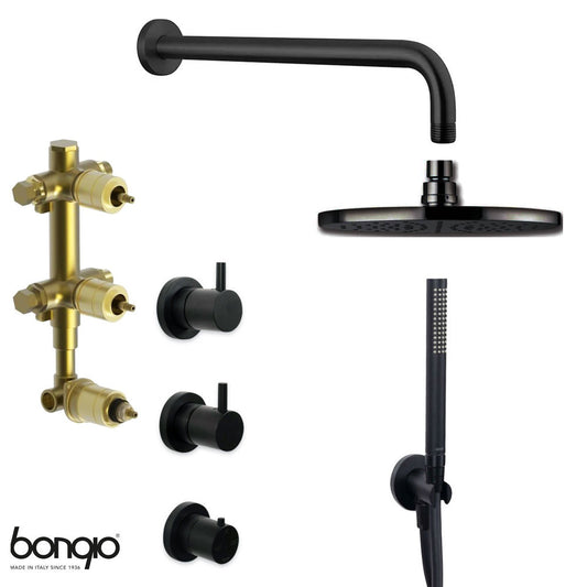 Bongio Squadra met Thermostaatkraan met Losse Stopkranen, Douchearm en Handdoucheset Mat Zwart