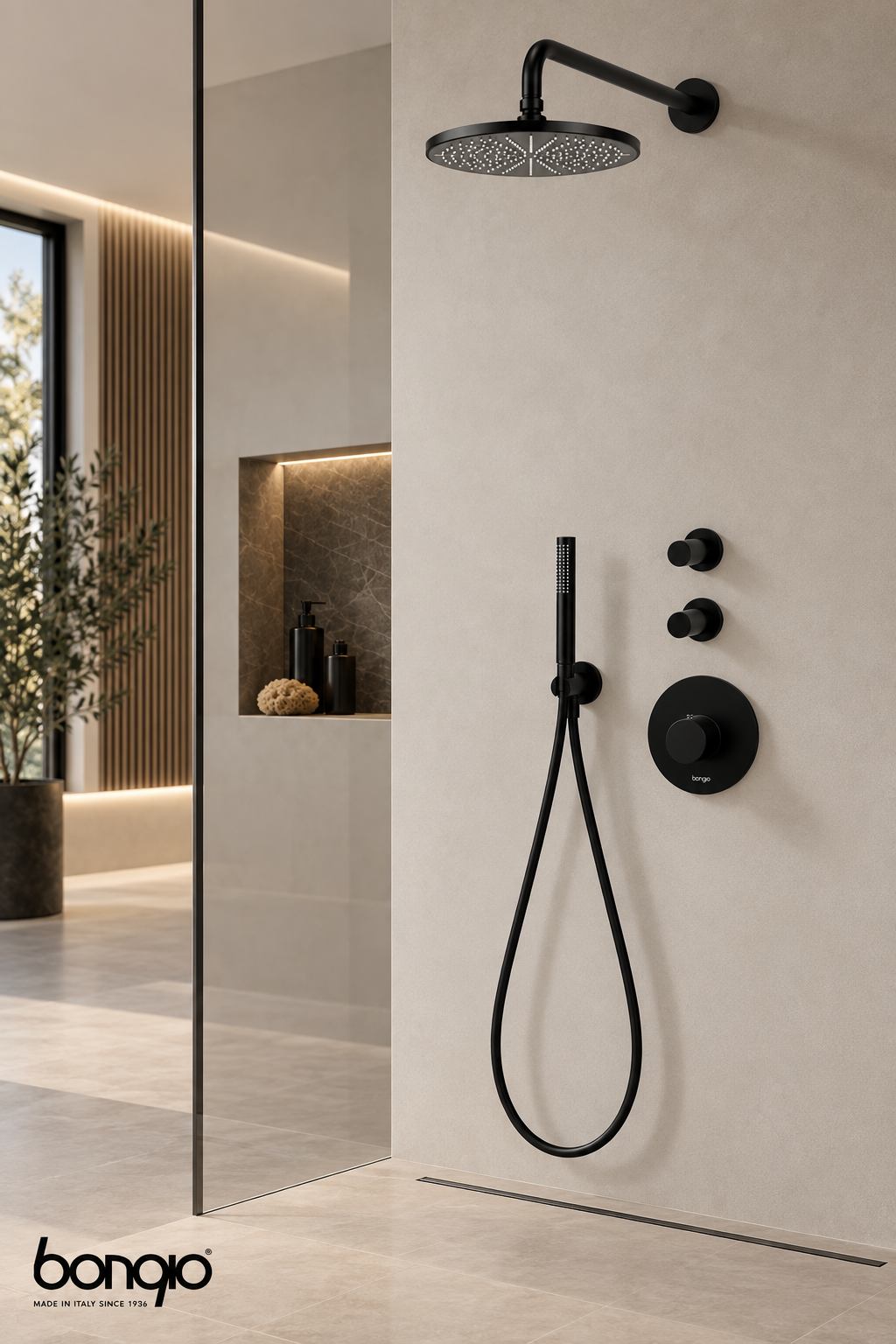 Bongio Squadra set inbouw thermostaatkraan incl. twee inbouw stopkranen hoofddouche 22,2cm, douchearm 35cm en handdoucheset, mat zwart