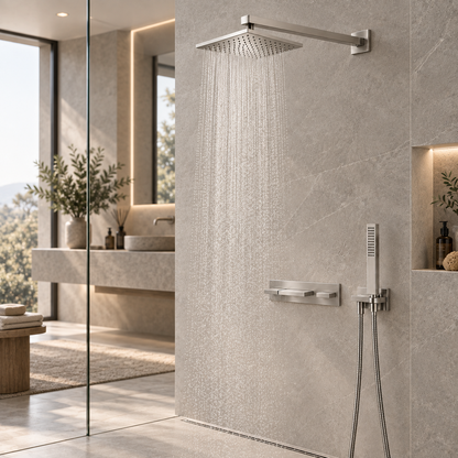 RVB Andrew design inbouw douchthermostaatset met 2 afsluitkranen en 30 cm regendouche met wandbevestiging geborsteld mat nikkel