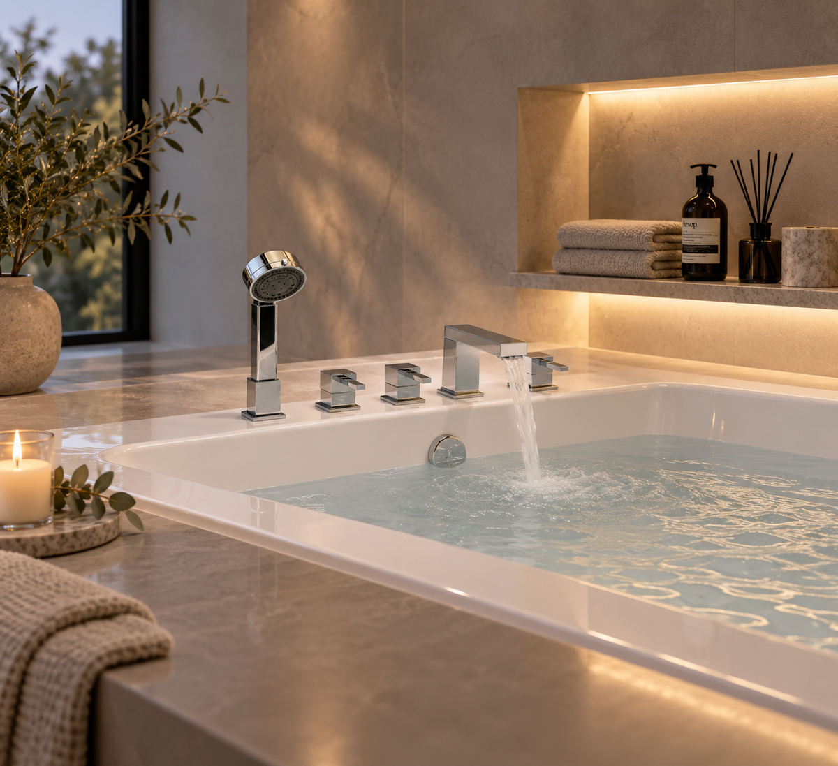 Haceka 5 gats vierkant design badrandkraan combinatie met omstel en handdouche set chroom (outlet artikel)