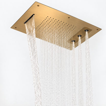Hotbath Mate Temptation Spin plafond regendouche rechthoekig 630x480 drievoudige straal geborsteld koper PVD