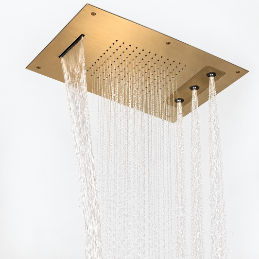 Hotbath Mate Temptation Spin plafond regendouche rechthoekig 630x480 drievoudige straal geborsteld koper PVD
