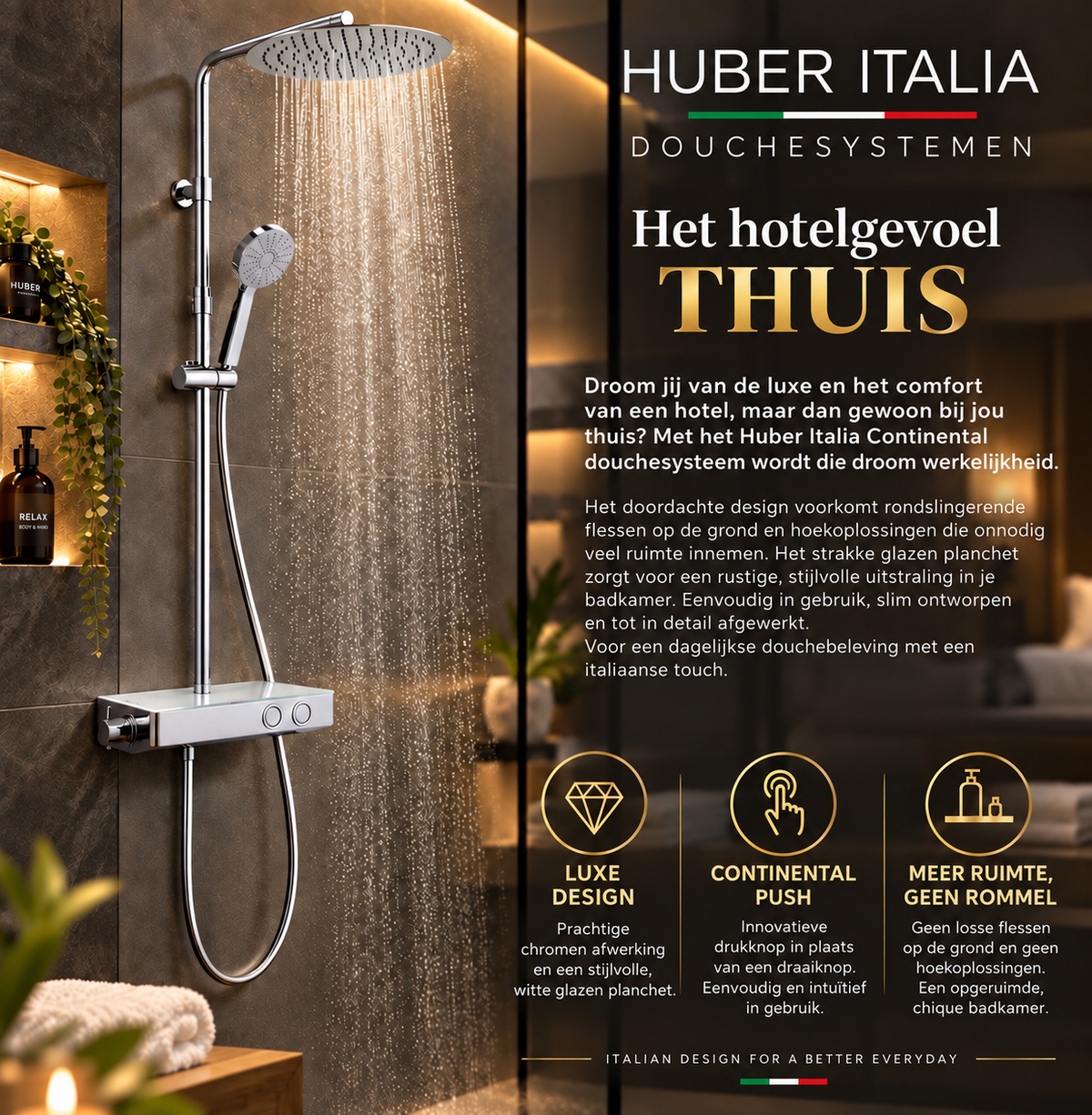 Huber Italia Contenital Push douchesysteem met thermostaat en planchet – chroom/wit