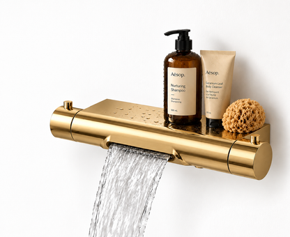 Regn thermostatisch badkraan met planchet en waterval geborsteld goud